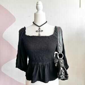 Black Smocked Long‎ Sleeve Top, Cottagecore Boho Witchy Gothic Victorian Medium